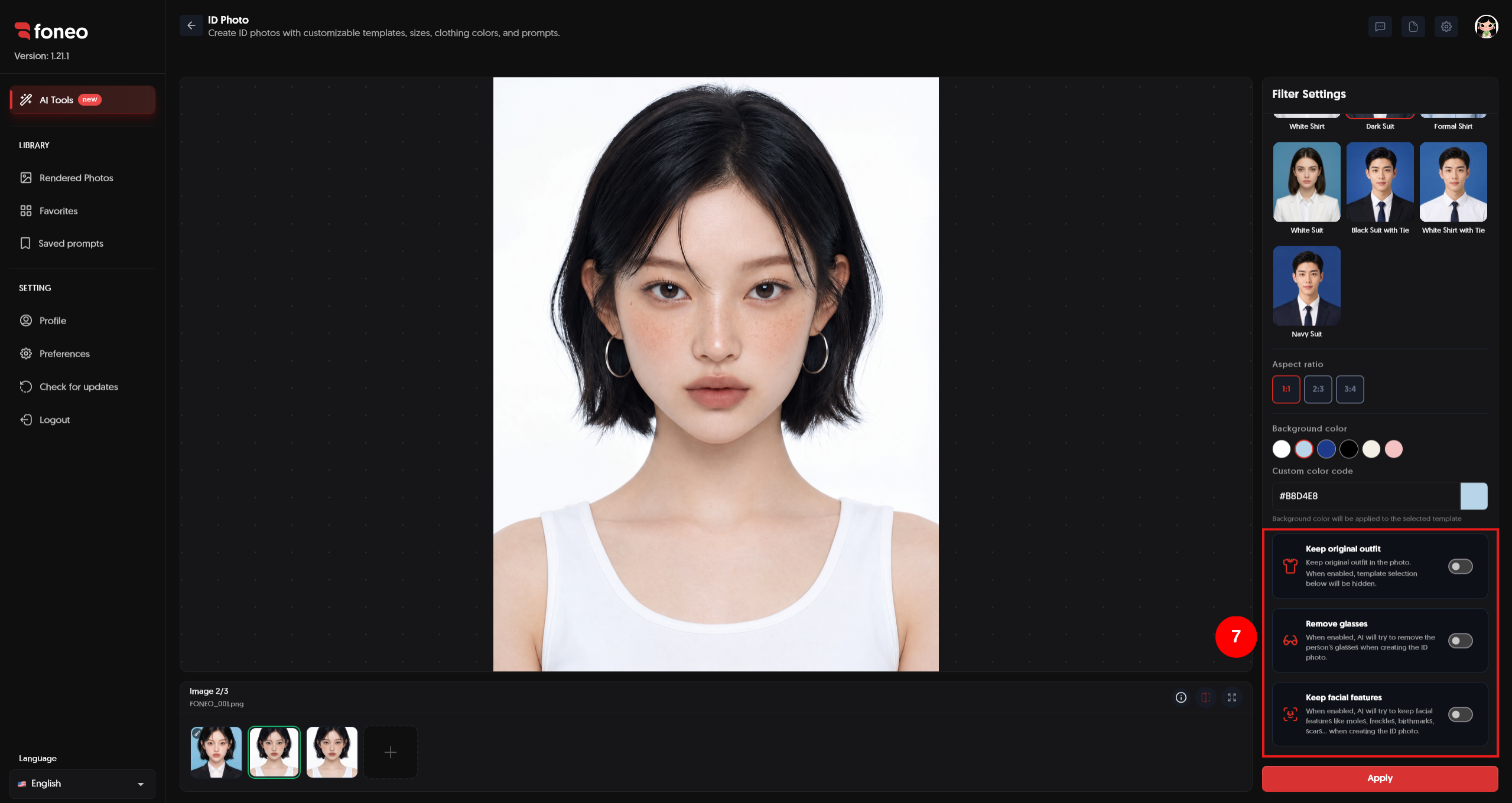 ID Photo additional settings on Foneo