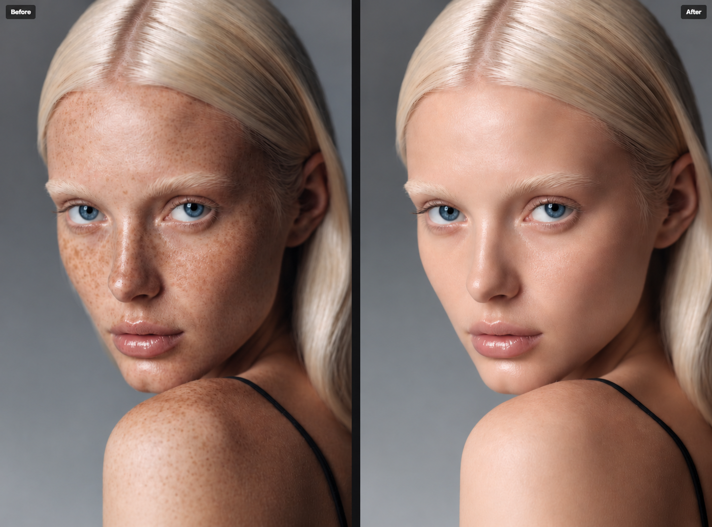 Before and after applying Skin Retouch with Foneo AI