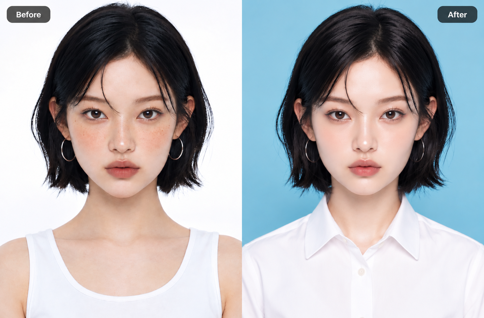 Before and after creating an ID photo with Foneo AI