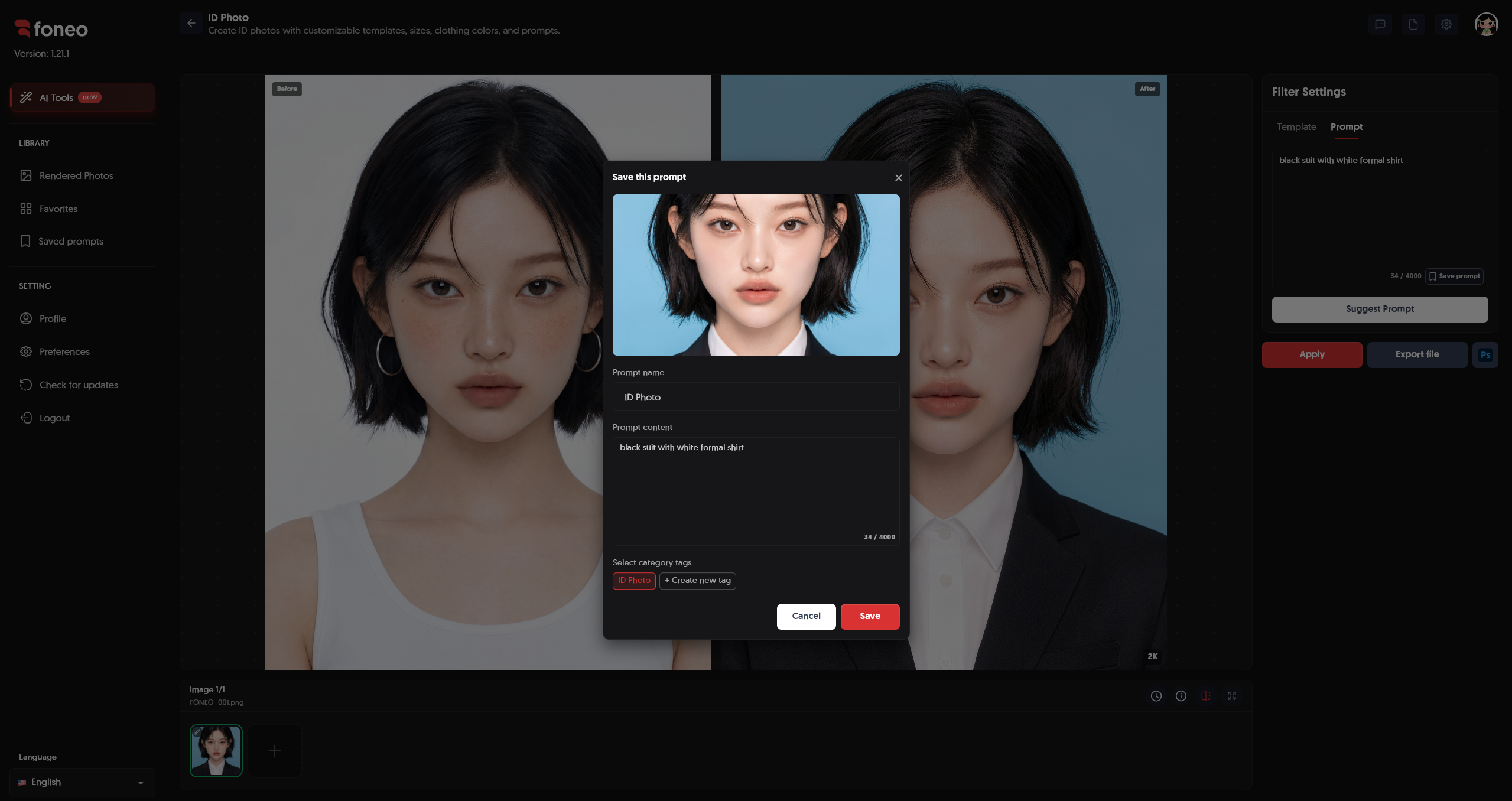 Save Prompt interface for ID Photo on Foneo