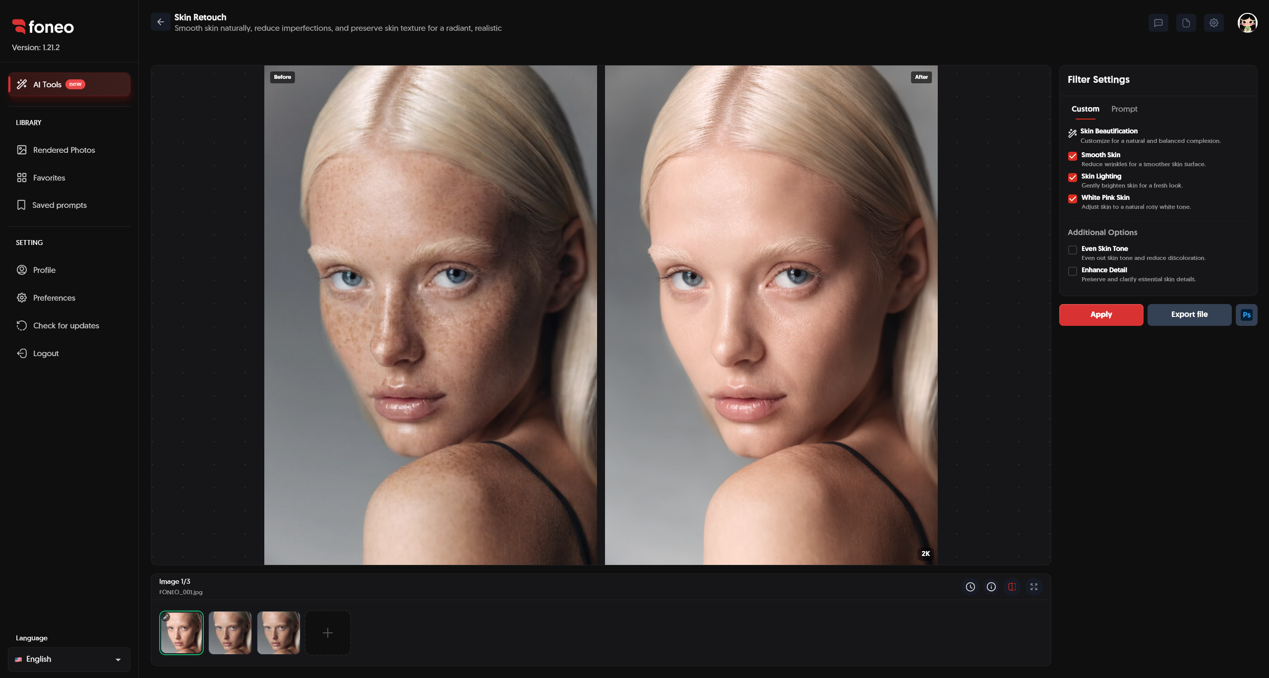 Before and after comparison after applying Skin Retouch