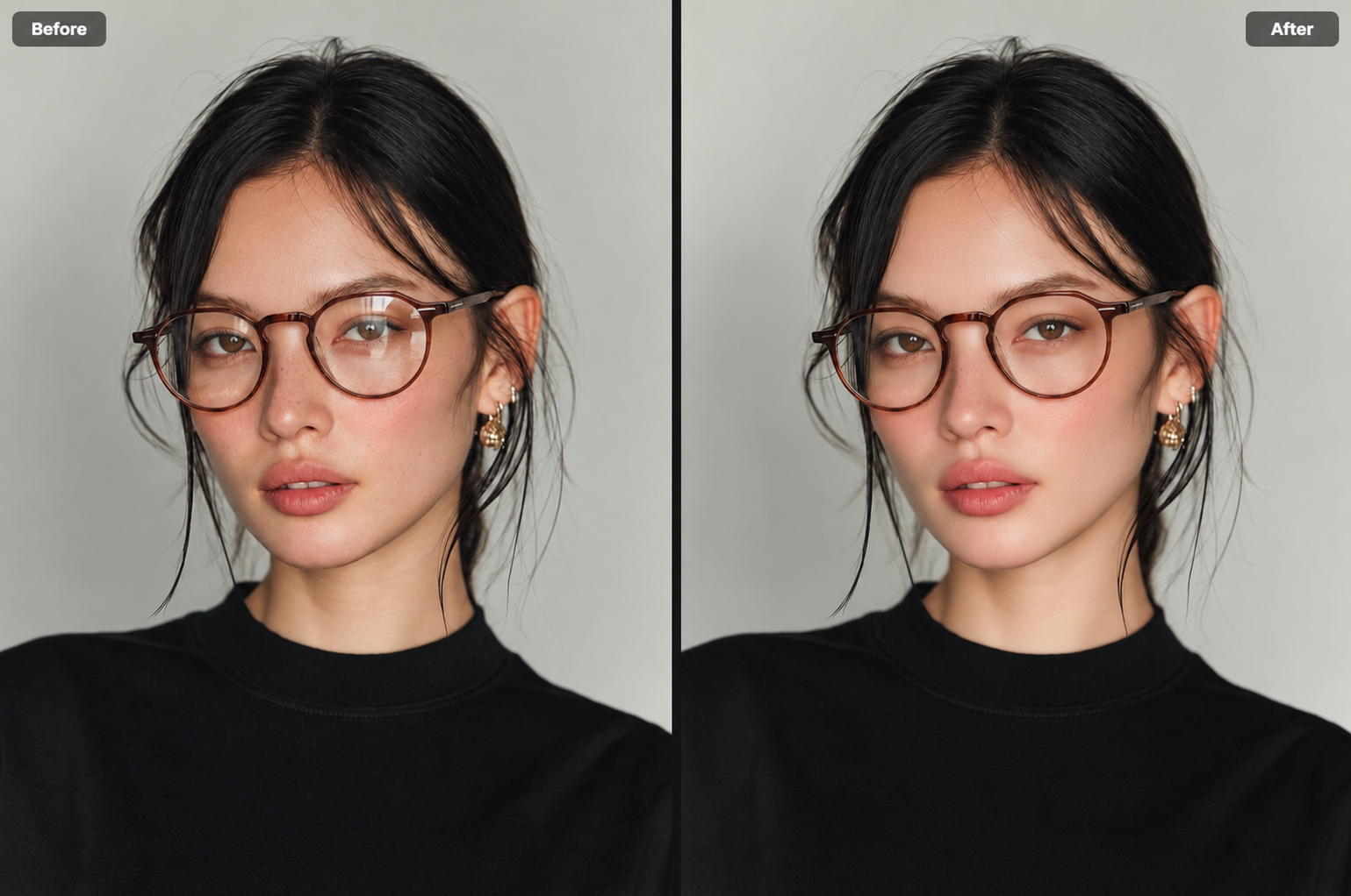 Before and after removing glass reflections with Foneo AI