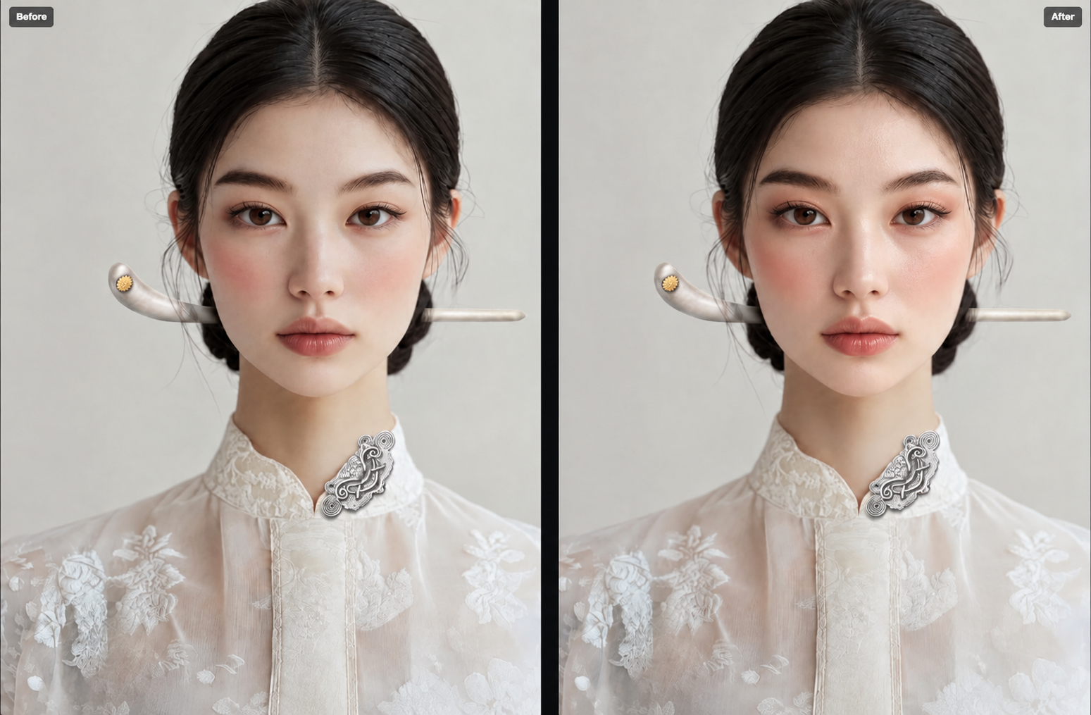 Before and after using the Makeup AI feature on Foneo