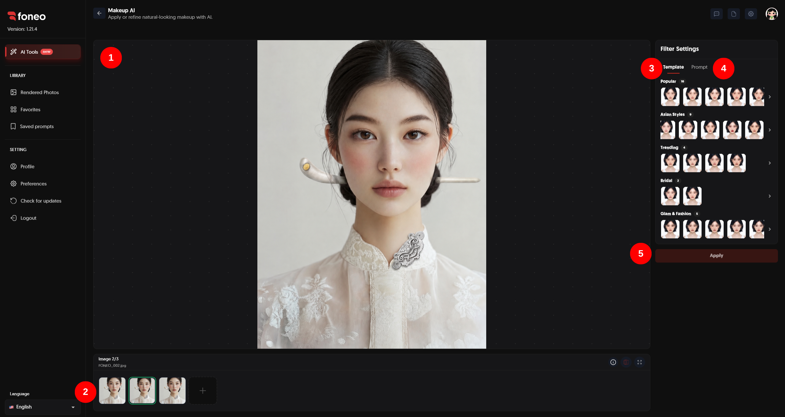 Makeup AI feature interface on Foneo