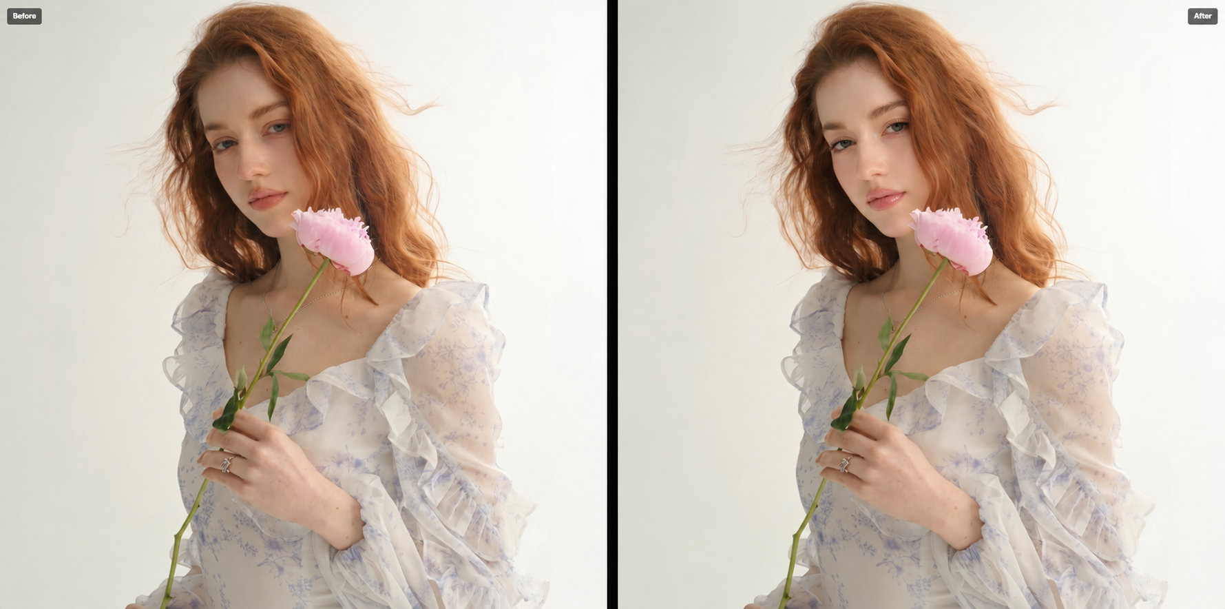 Before and after comparison using Face Retouch on Foneo AI
