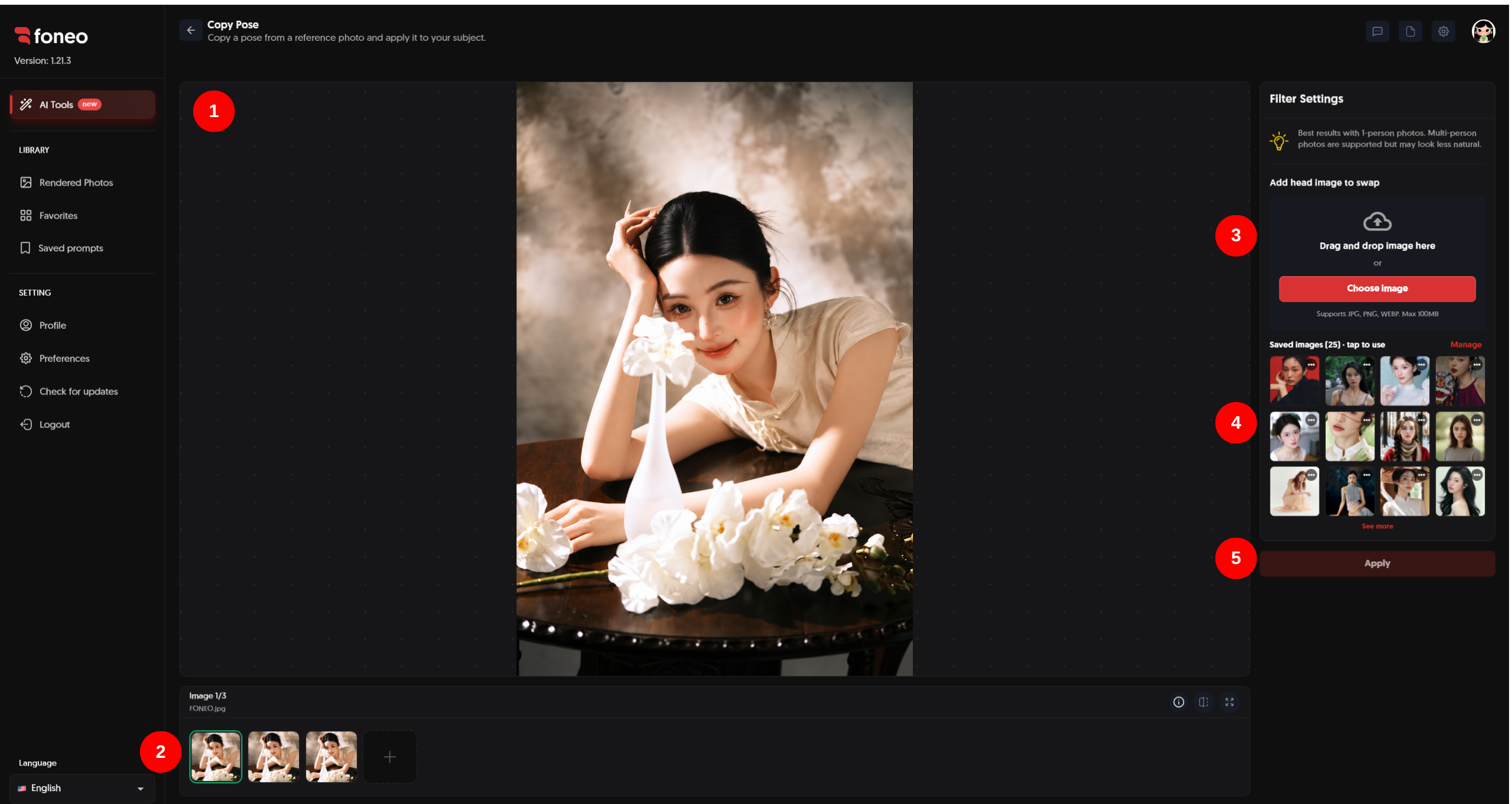 Copy Pose feature interface on Foneo
