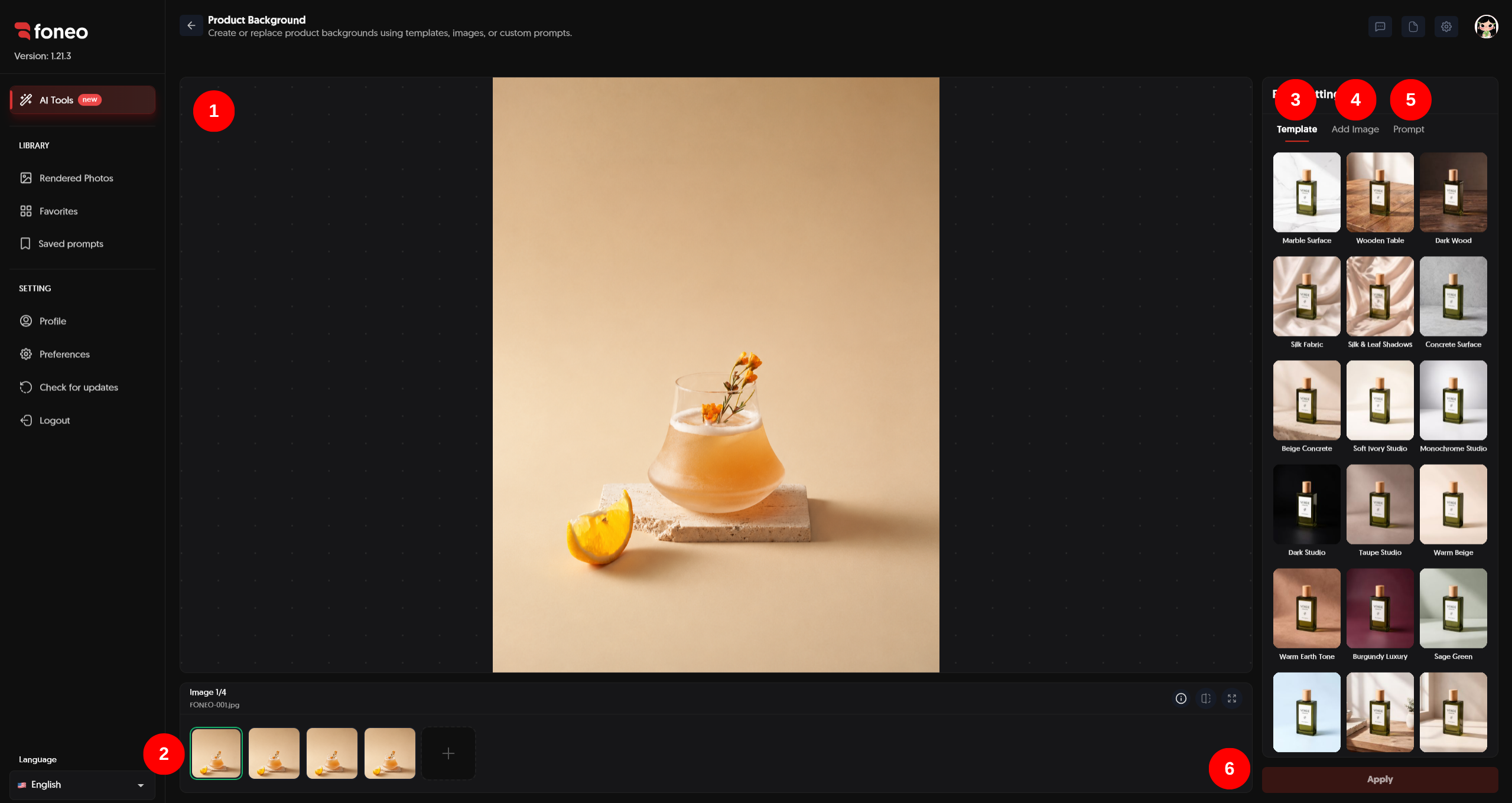 Product Background feature interface on Foneo