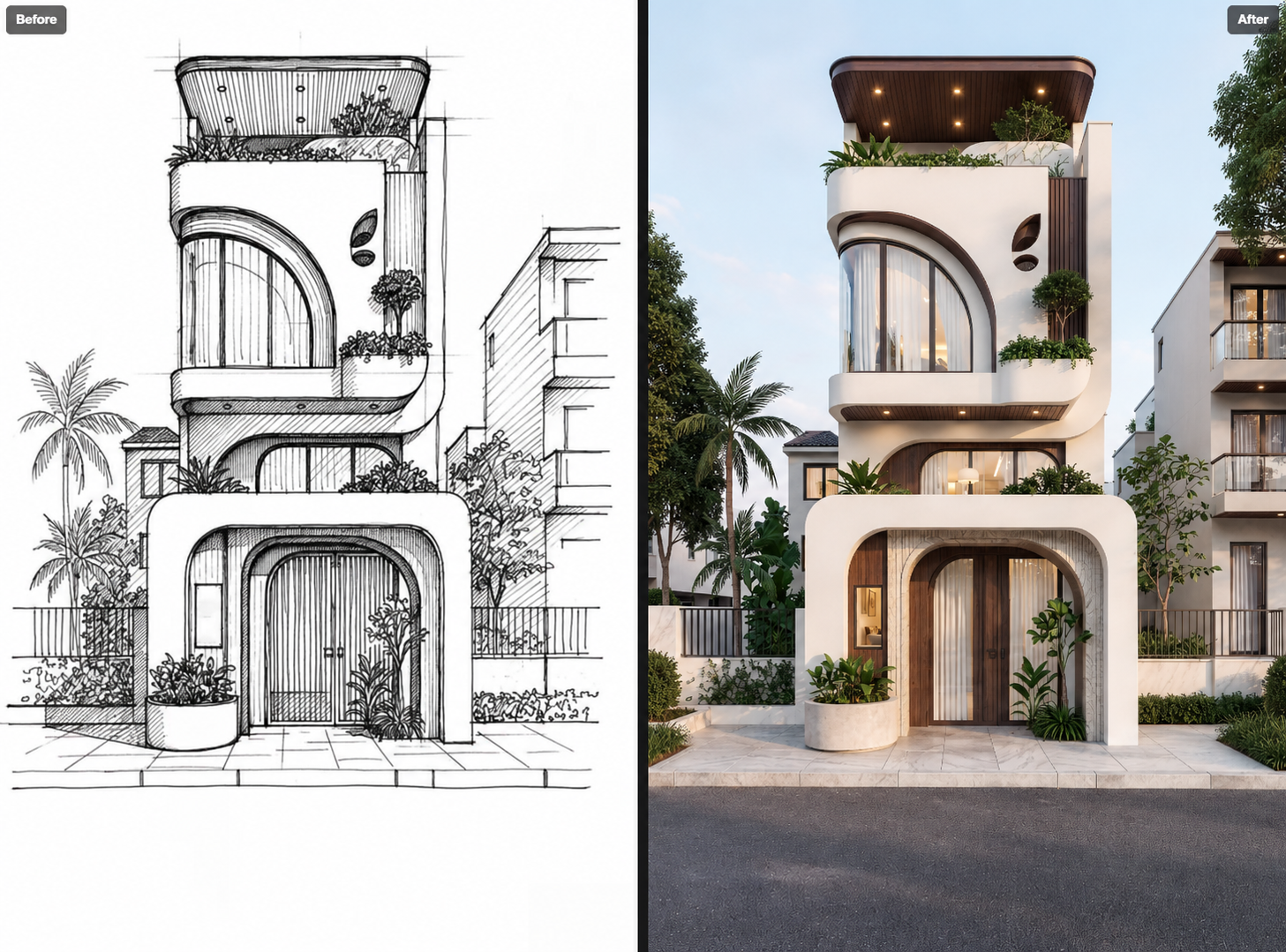 Before and after enhancing an architectural image with Foneo AI