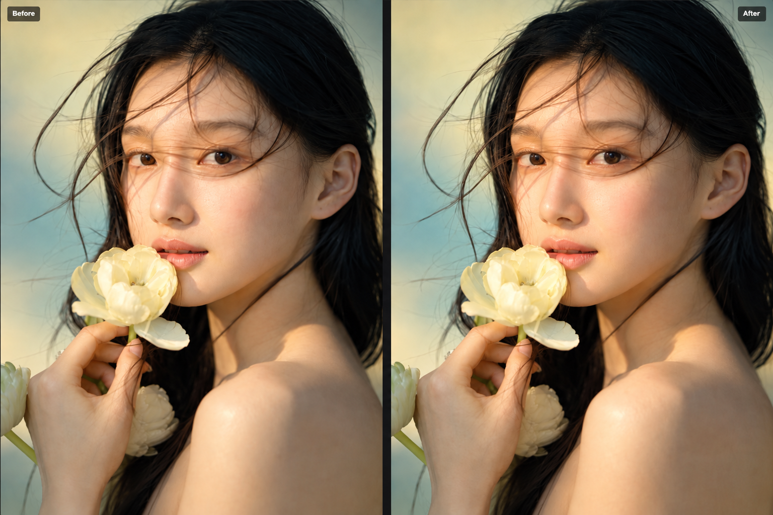 Before and after using the Enhance Face AI feature on Foneo