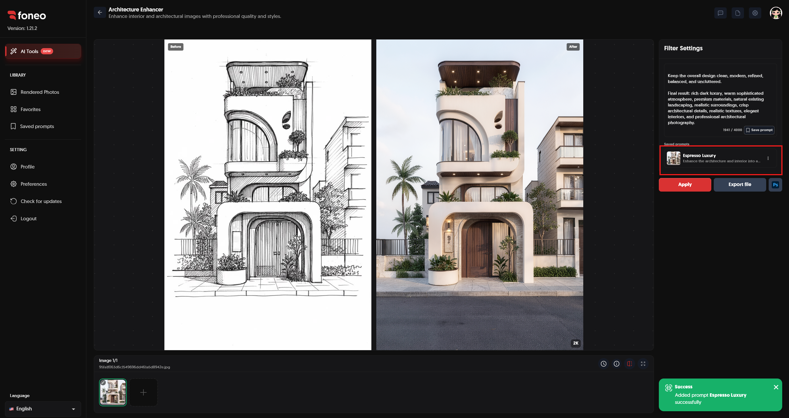 Saved prompts in Architecture Enhancer on Foneo