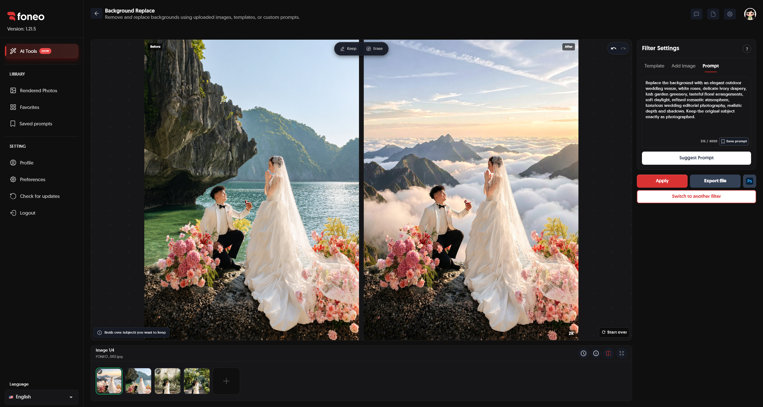 Before and after result after replacing the background