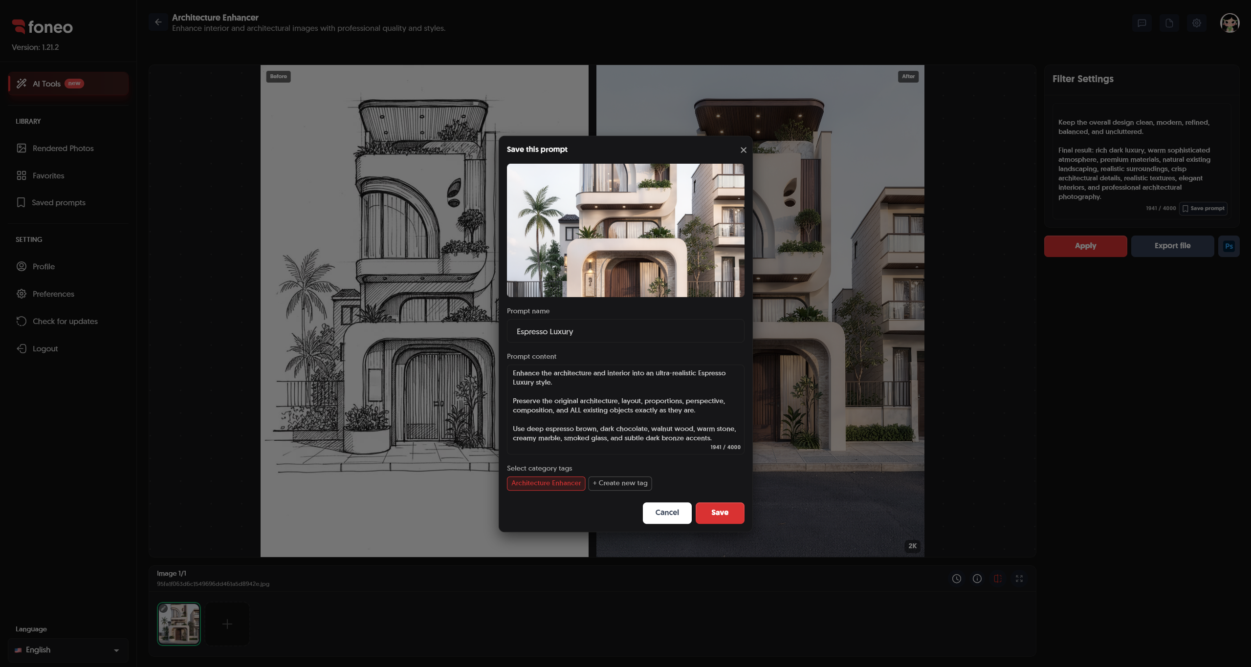 Saved prompts in Architecture Enhancer on Foneo