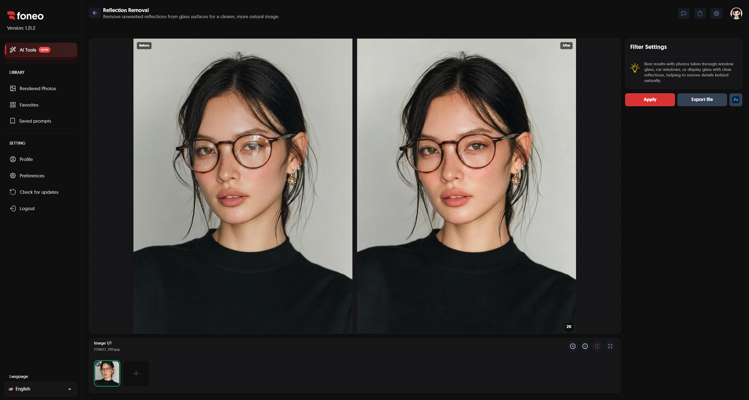 Before and after comparison after removing glass reflections
