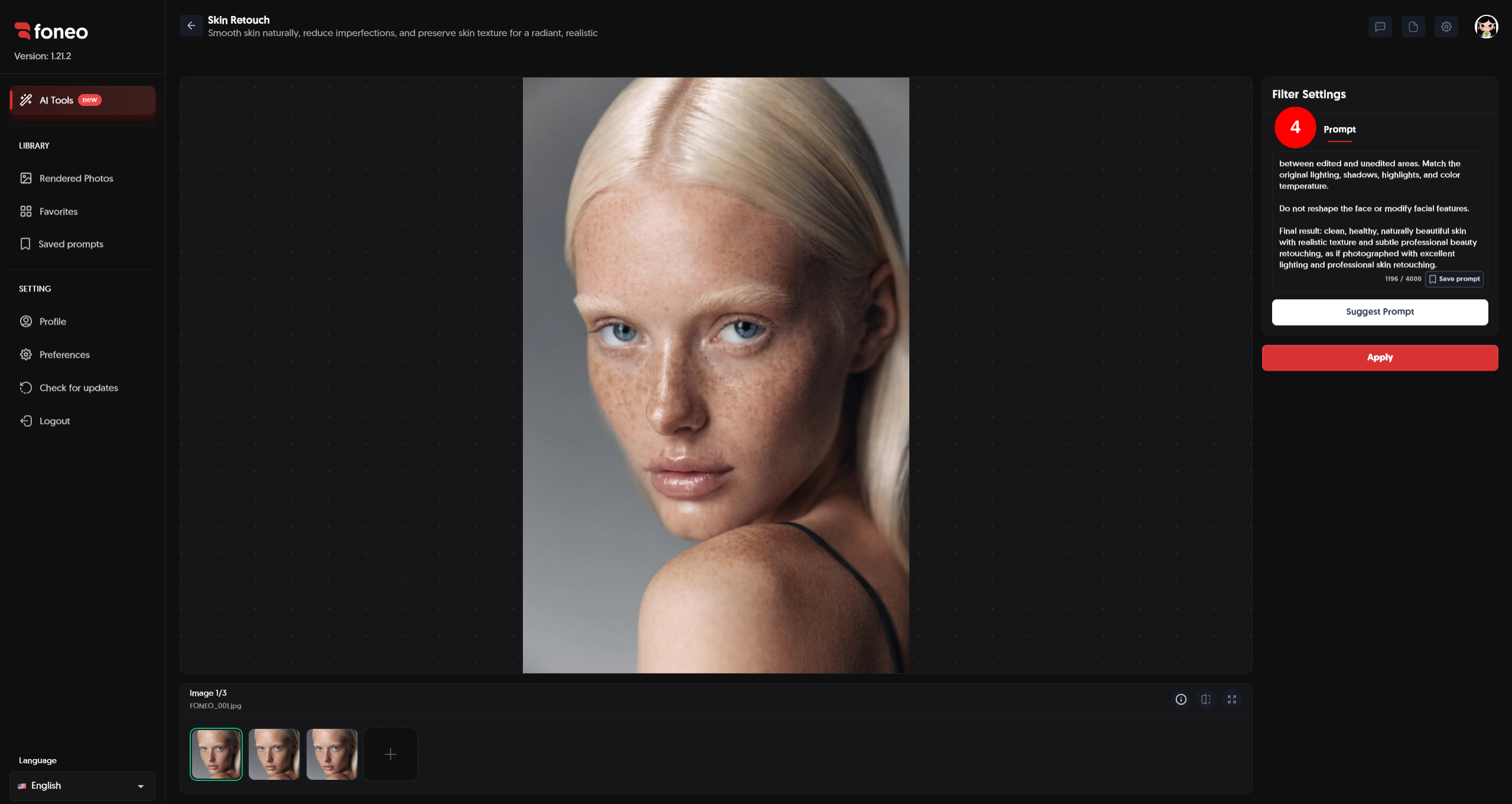 Skin Retouch Prompt interface on Foneo