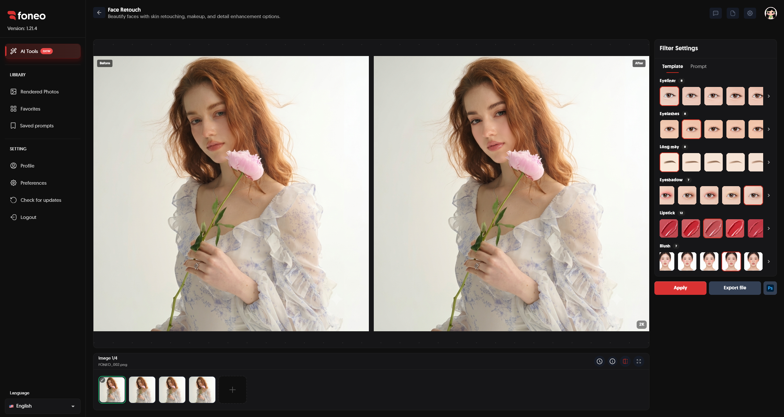 Before and after results of AI face retouching on Foneo