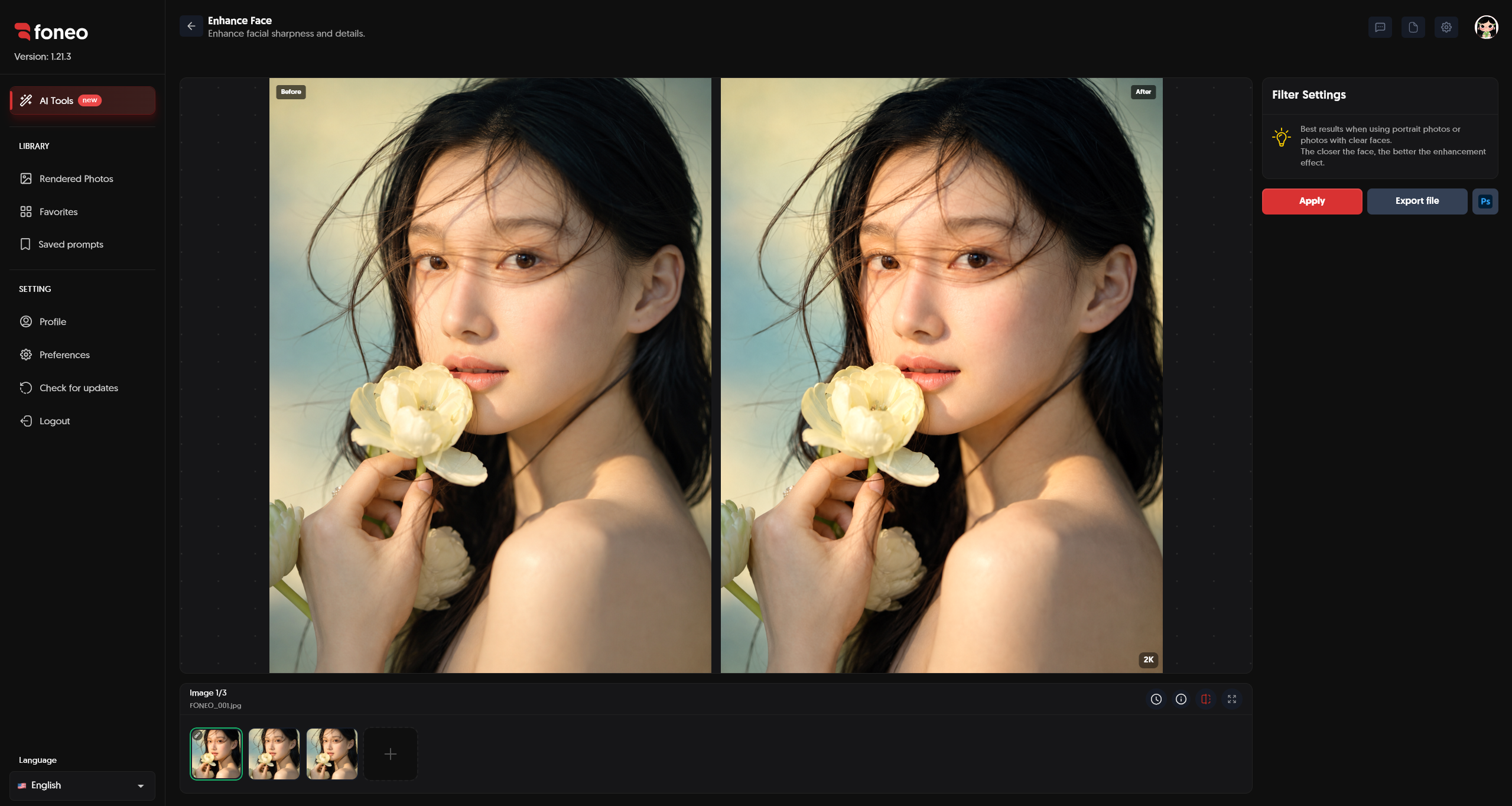 Before and After comparison when using Enhance Face on Foneo