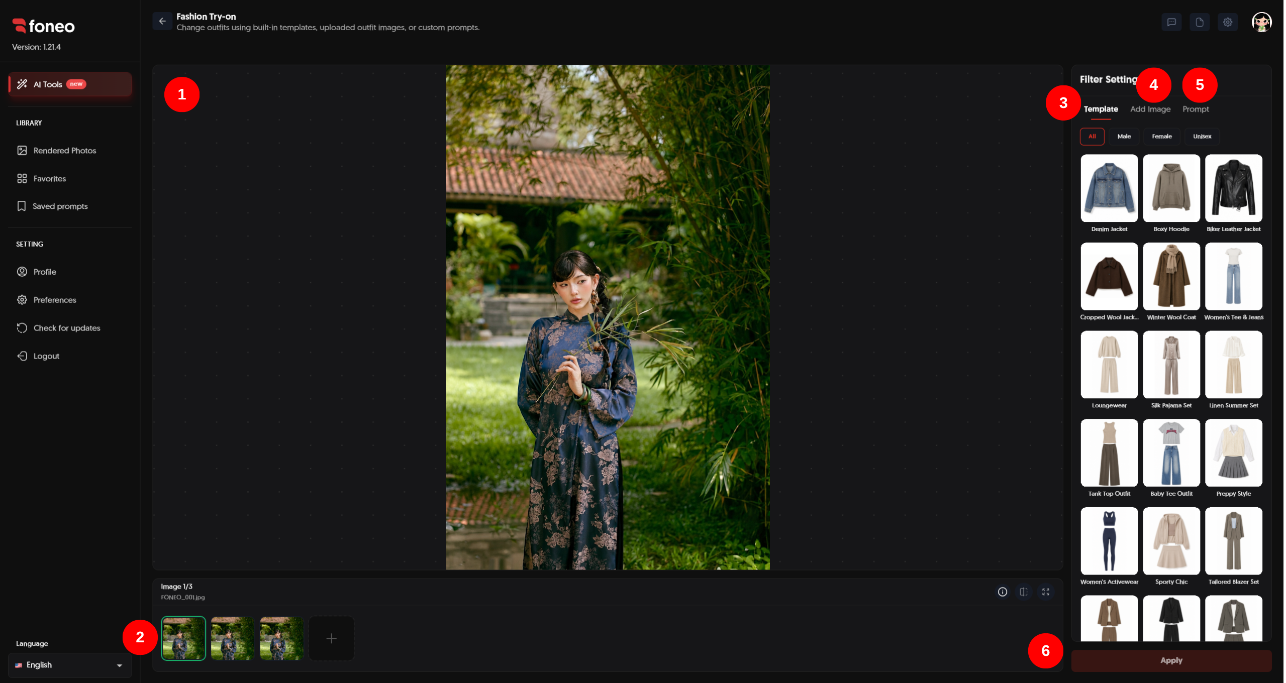 Fashion Try-on feature interface on Foneo