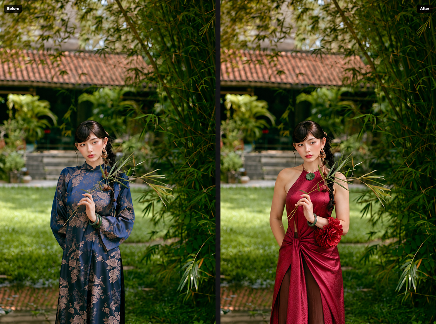 Before and after using the Fashion Try-on feature on Foneo