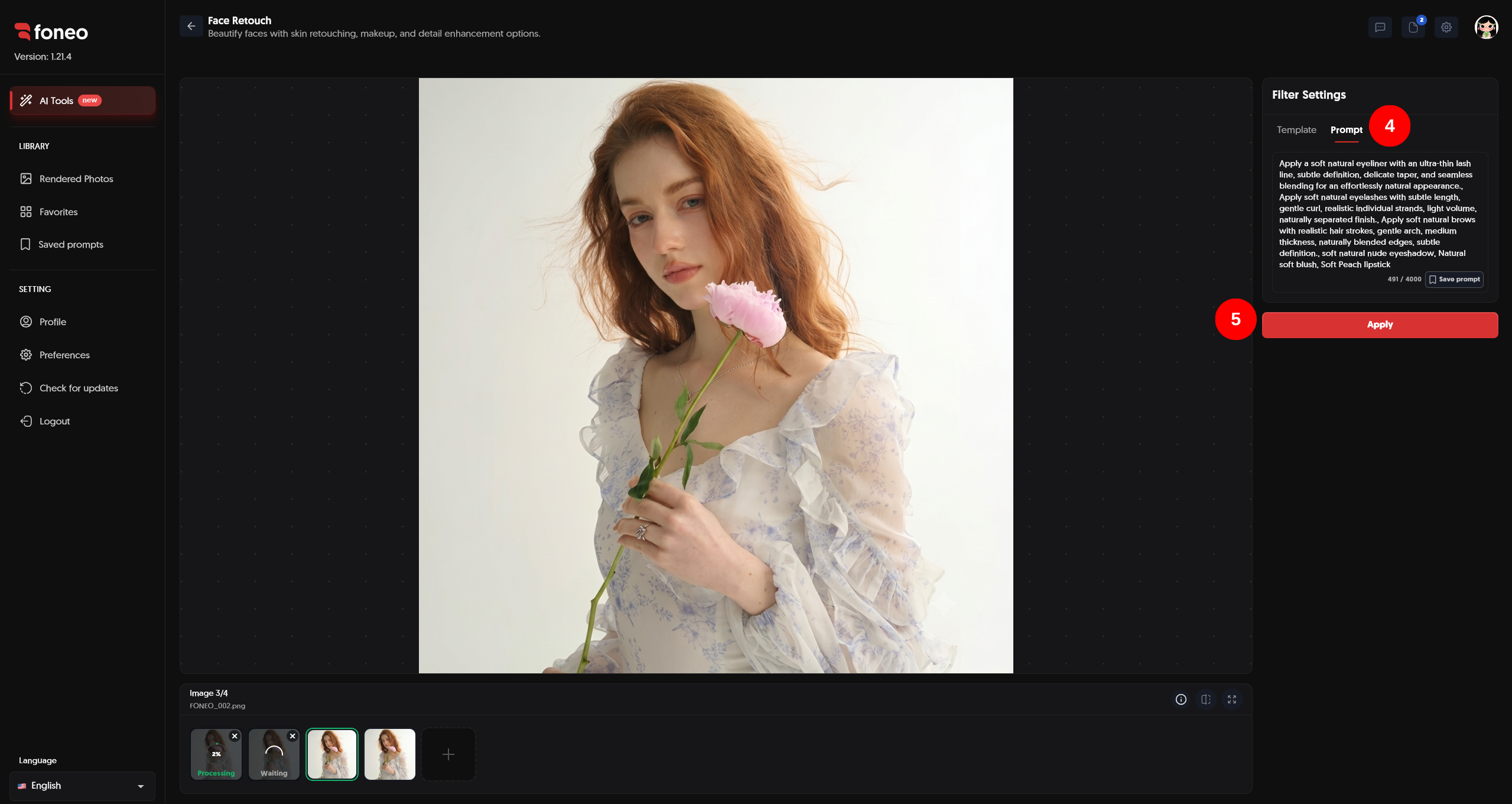 Face Retouch Prompt tab for entering makeup instructions