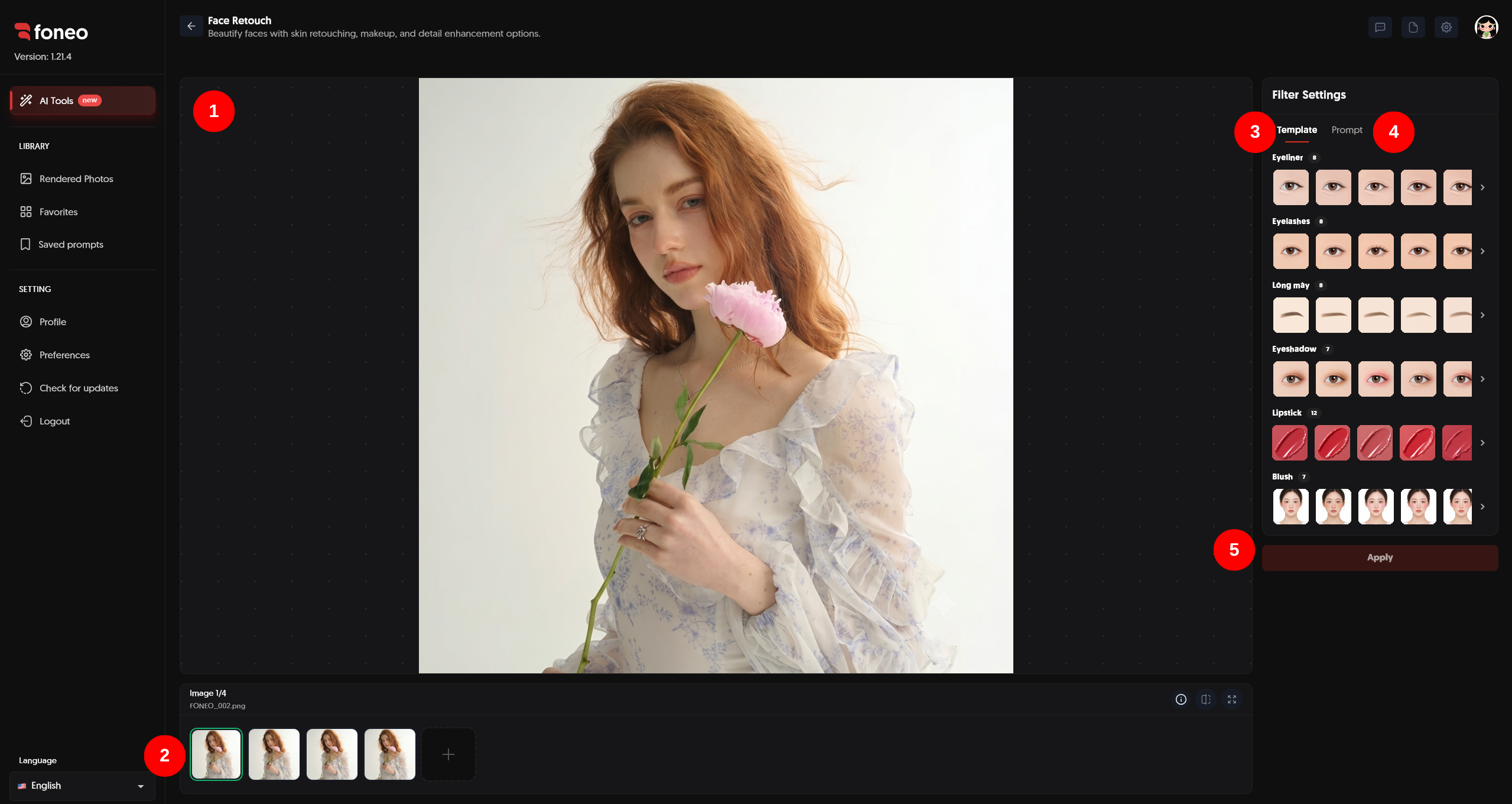 Face Retouch interface showing the image preview and Filter Settings